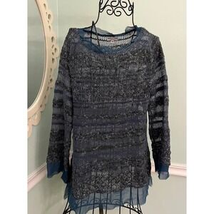 Ball of Cotton Sweater Size M Blue Crochet Knit Sheer Panels Top Lagenlook Linen